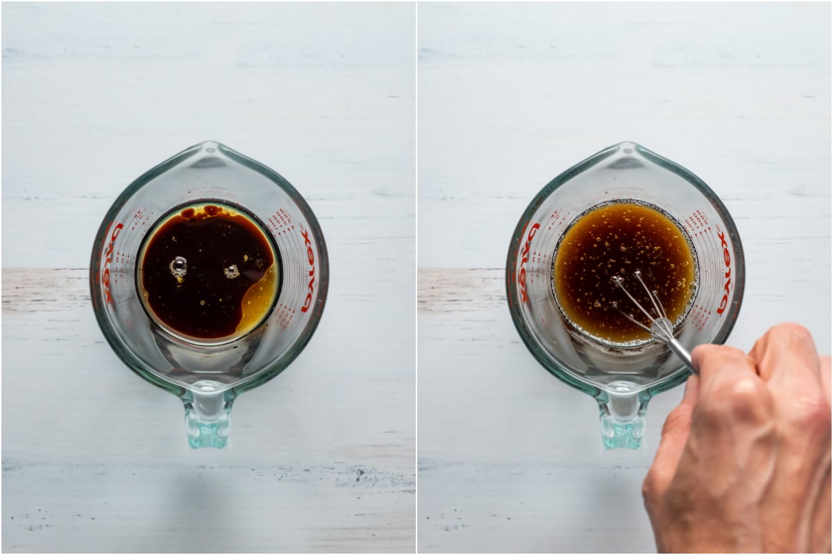 Two photo collage showing ingredients for a sauce added to a measuring jug and whisked together.