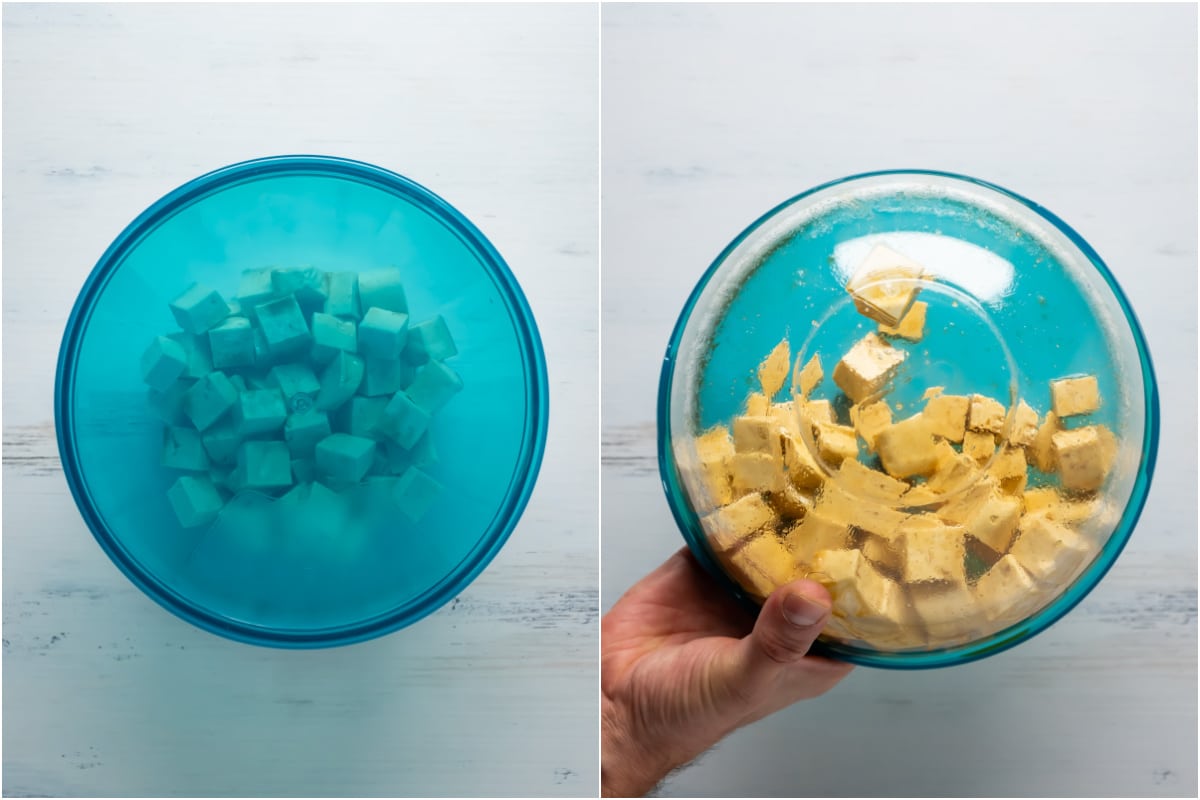 Two photo collage showing bowl with lid on being rotated.