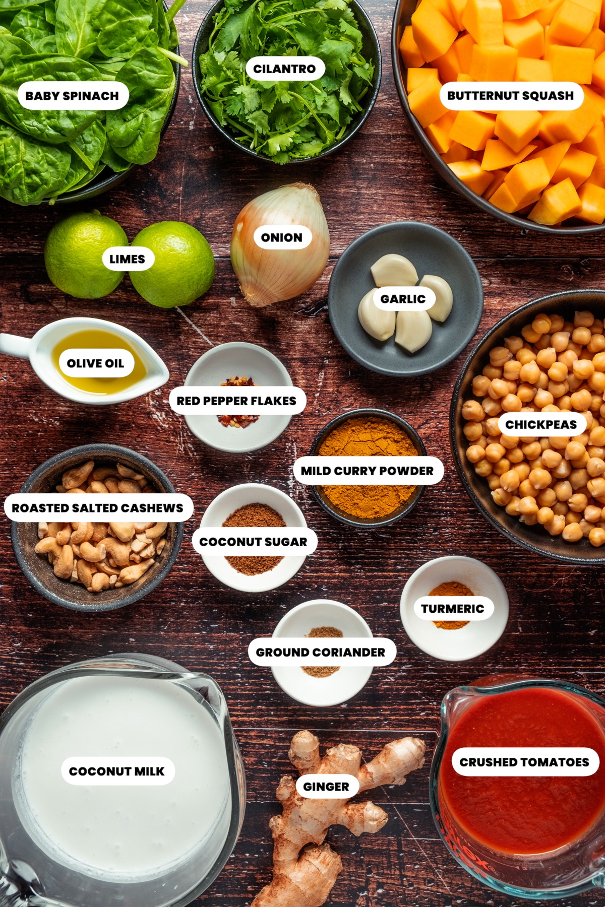 Photo of the ingredients needed to make vegan butternut squash curry. 