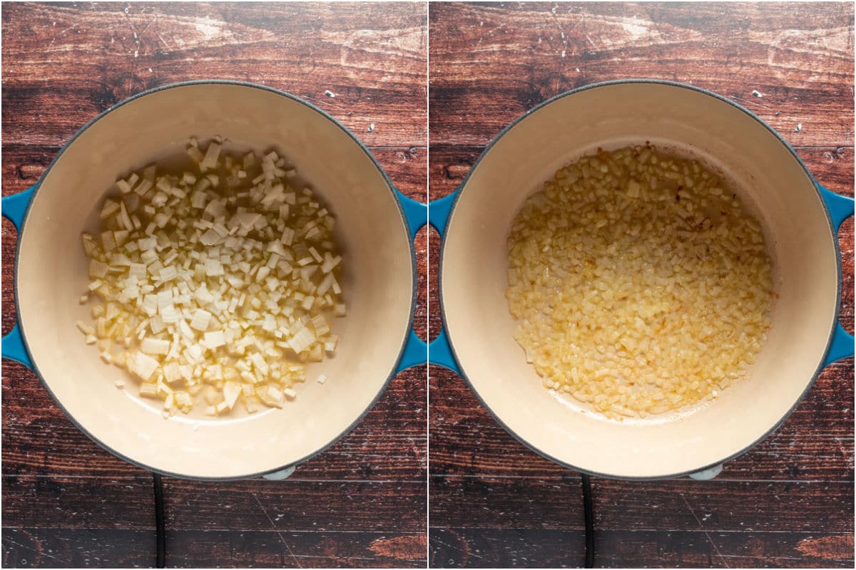 Two photo collage showing onions and olive oil added to pot and sautéed.