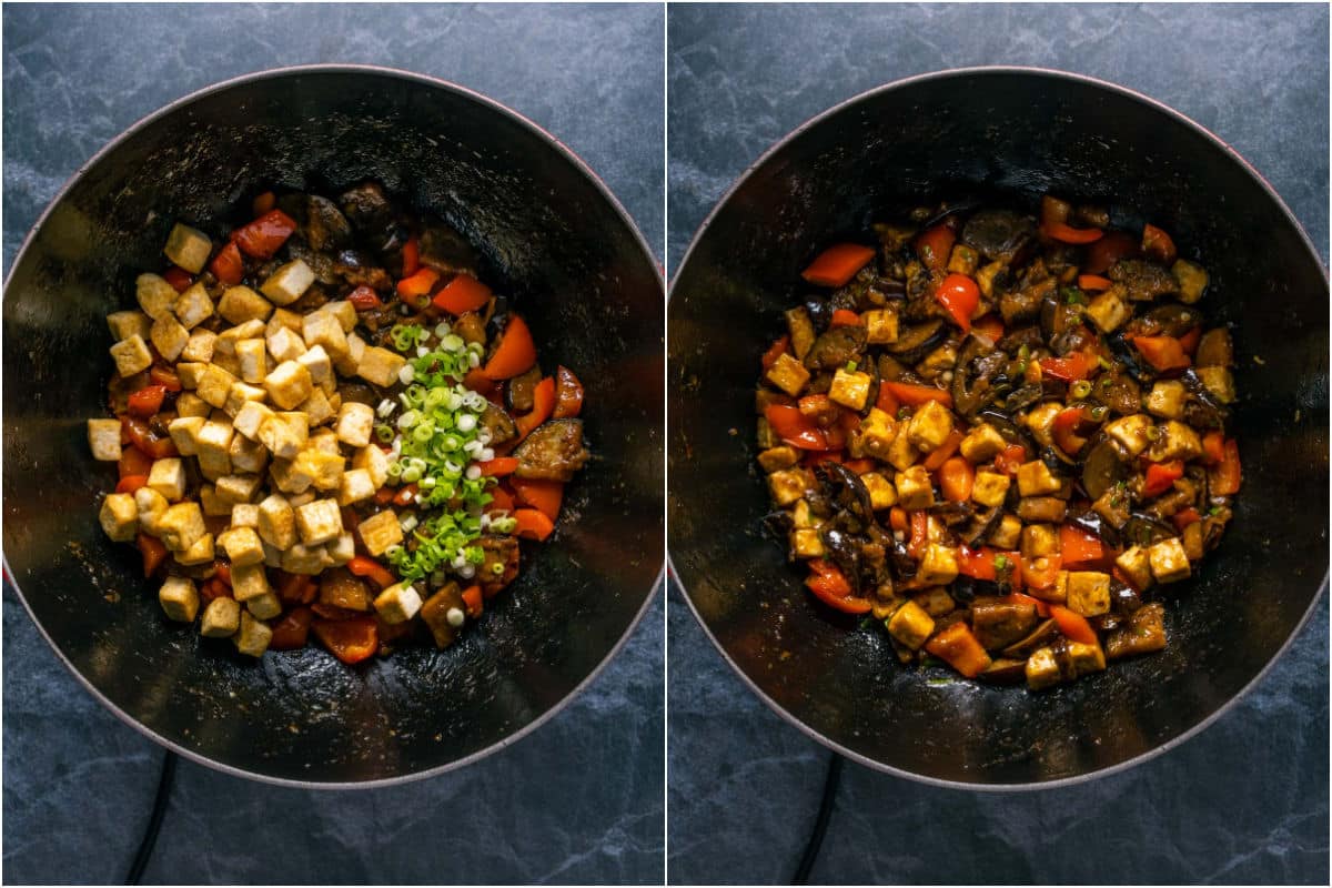 Tofu and sliced green peppers added to wok and mixed in.