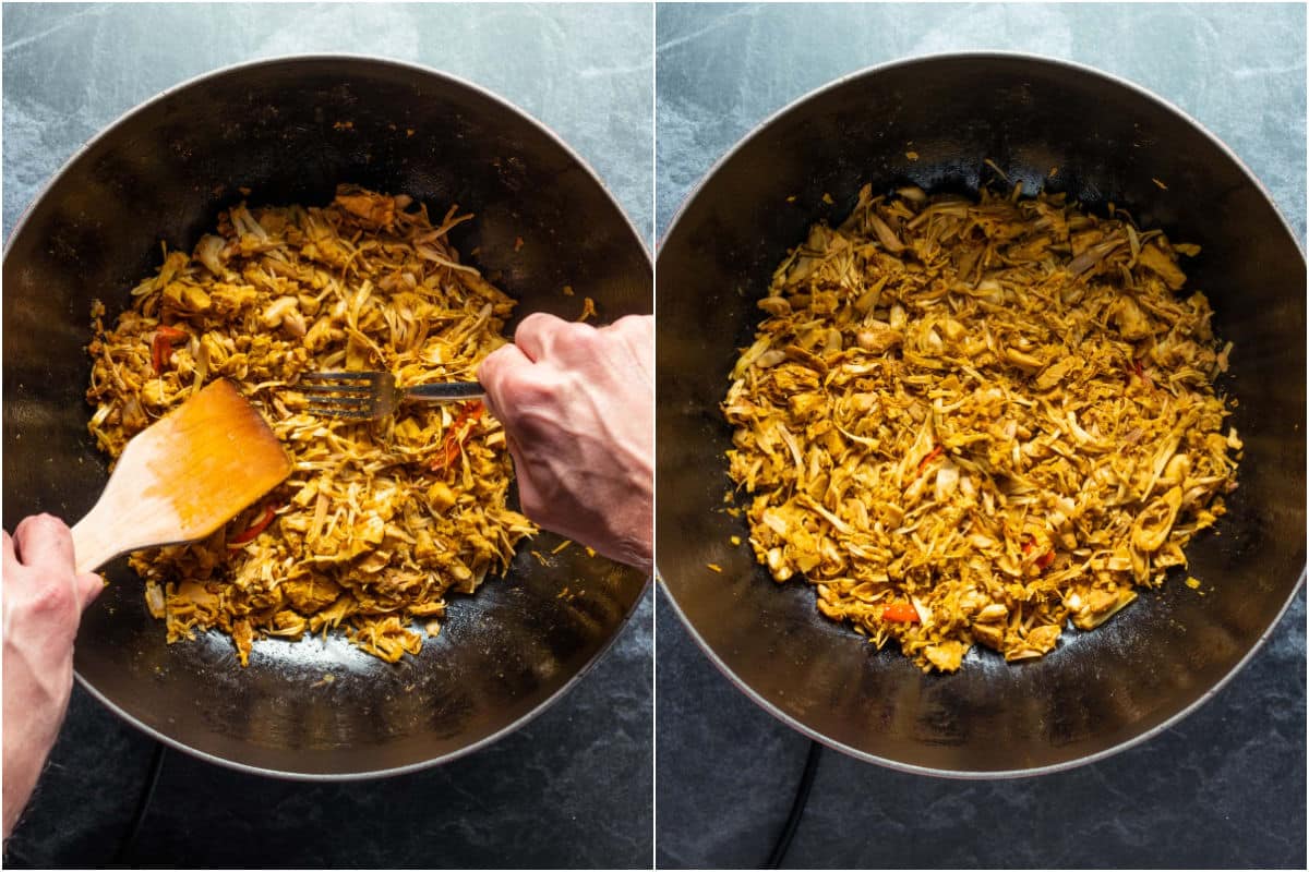 Shredding the jackfruit with a fork.