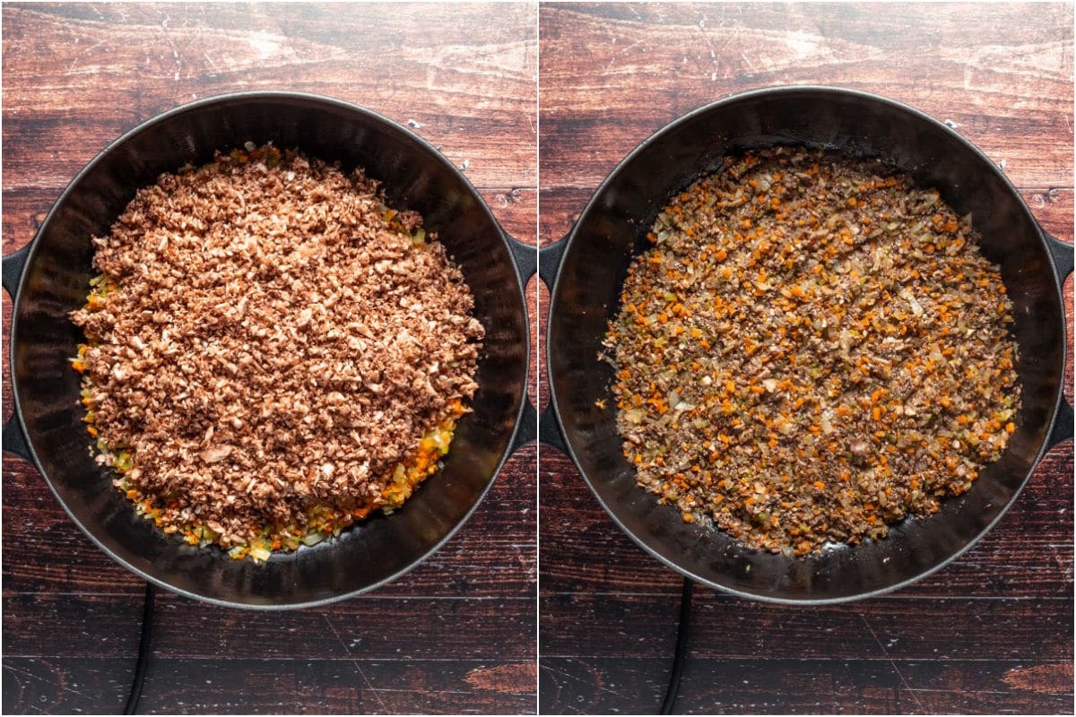 Finely chopped mushrooms added to skillet and sautéed.