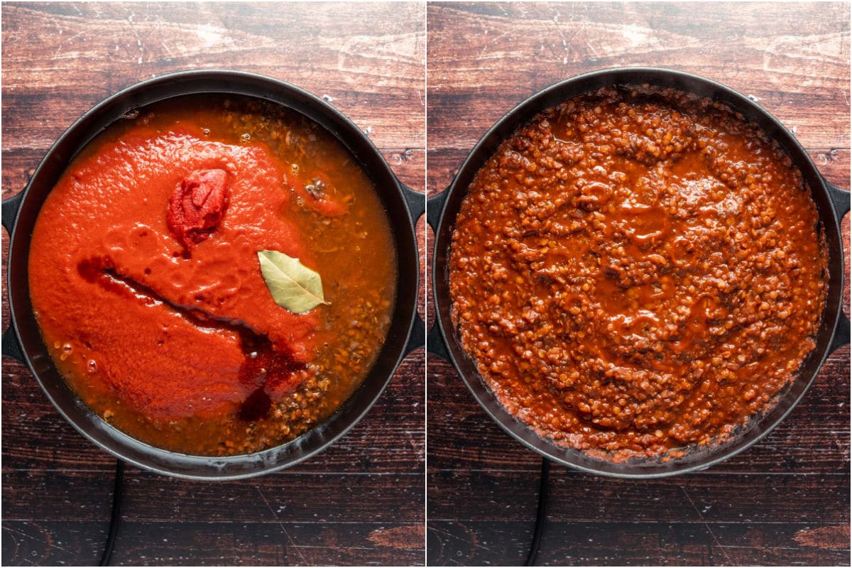 Crushed tomatoes, vegetable stock, tomato paste, soy sauce, salt and bay leaf added to skillet and mixed in.