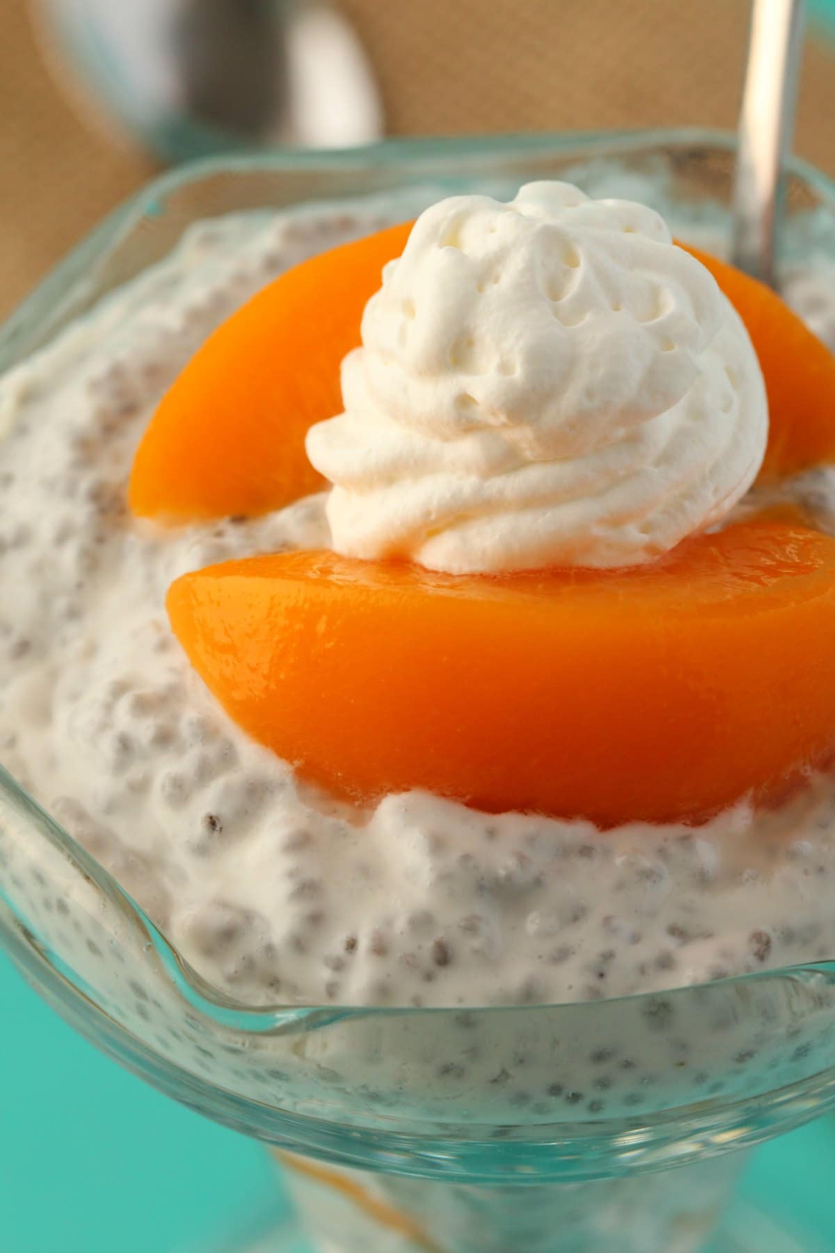 Chia pudding in a sundae glass with a spoon. 