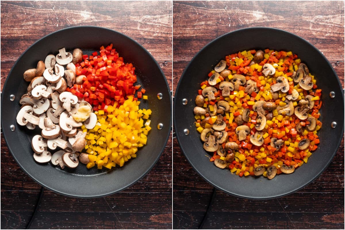 Chopped veggies added to frying pan and sautéed.