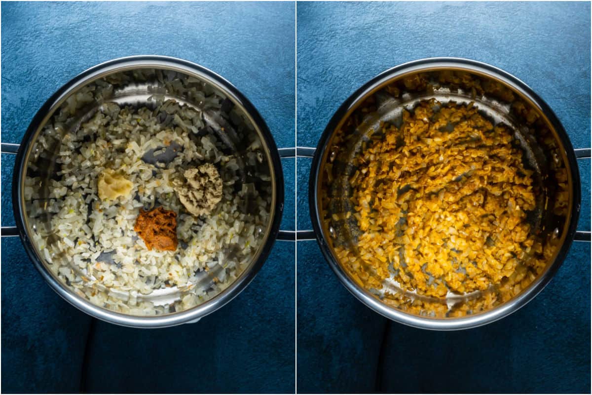 Two photo collage showing garlic, ginger and red curry paste added to onions and sautéed.