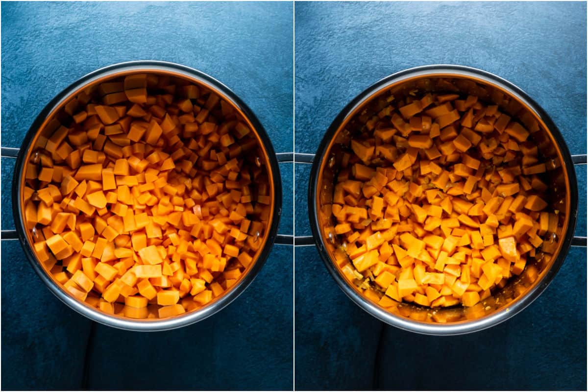 Two photo collage showing chopped sweet potatoes and carrots added to pot and tossed with the onions and spices.