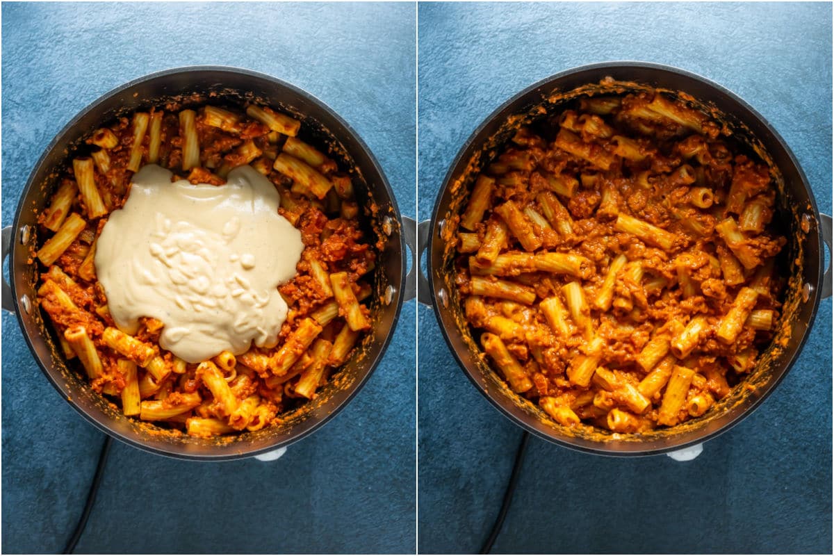 Two photo collage showing some cheese sauce added to pot and mixed in with the pasta and veggie mince.