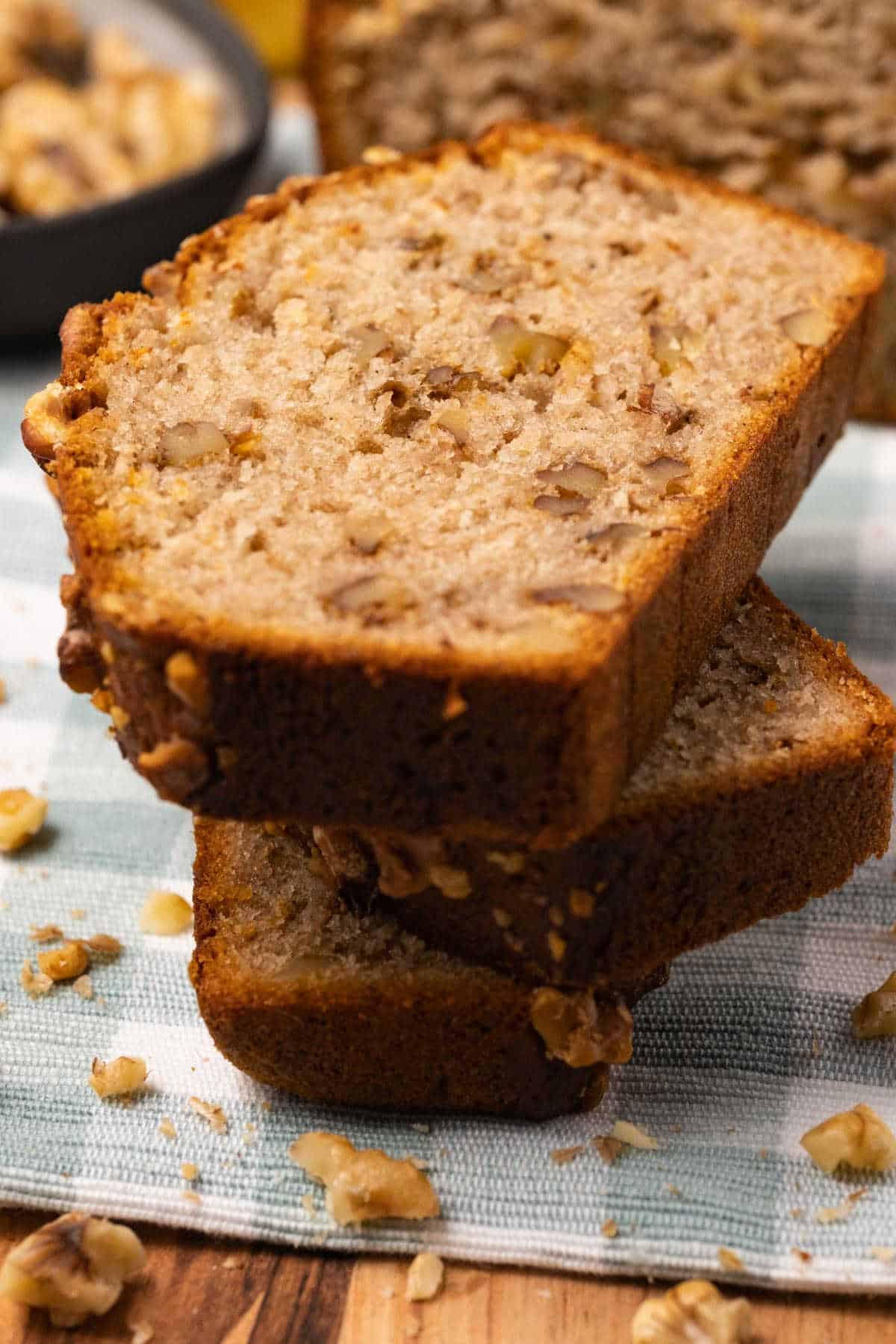 Slices of banana bread in a stack. 