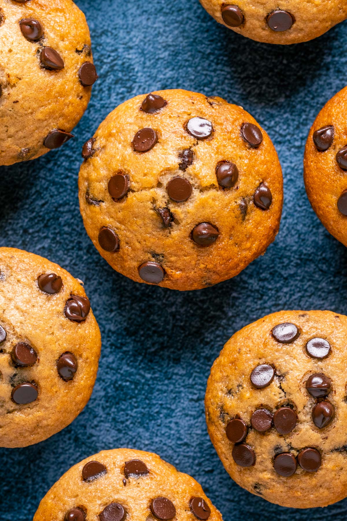 Vegan banana chocolate chip muffins and sprinkled chocolate chips.