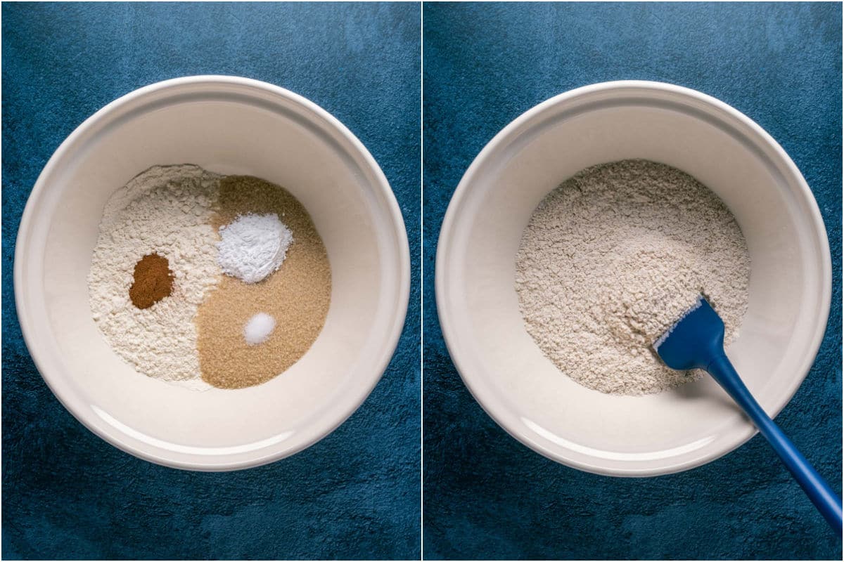 Dry ingredients added to mixing bowl and mixed.