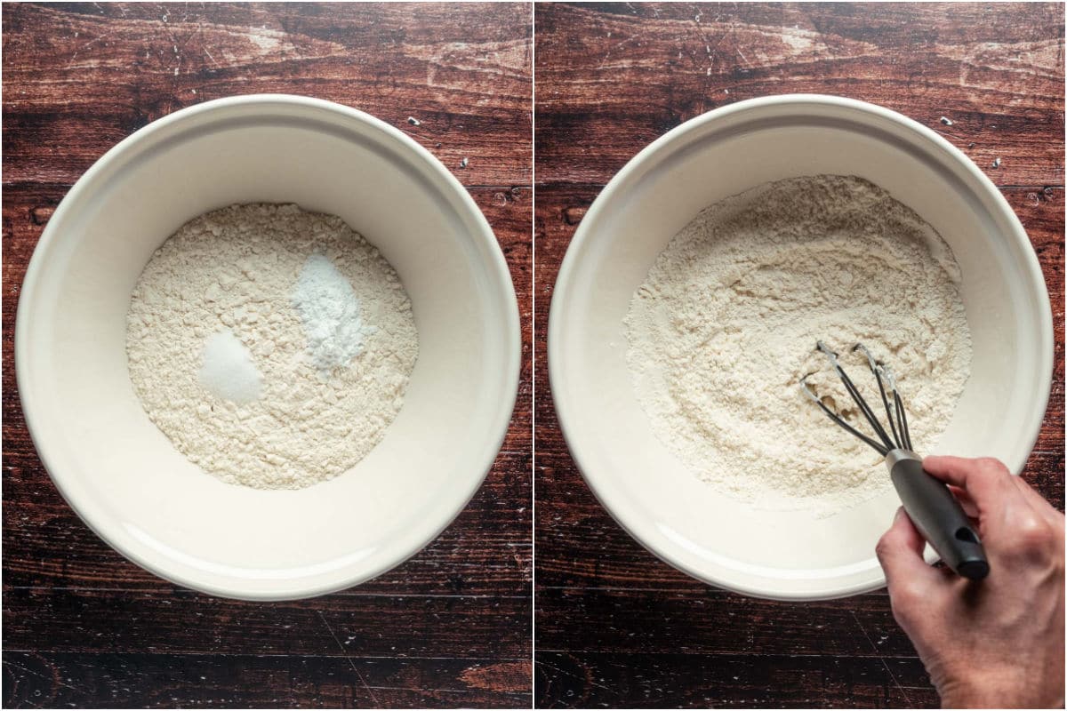 Collage of two photos showing dry ingredients added to mixing bowl and mixed.