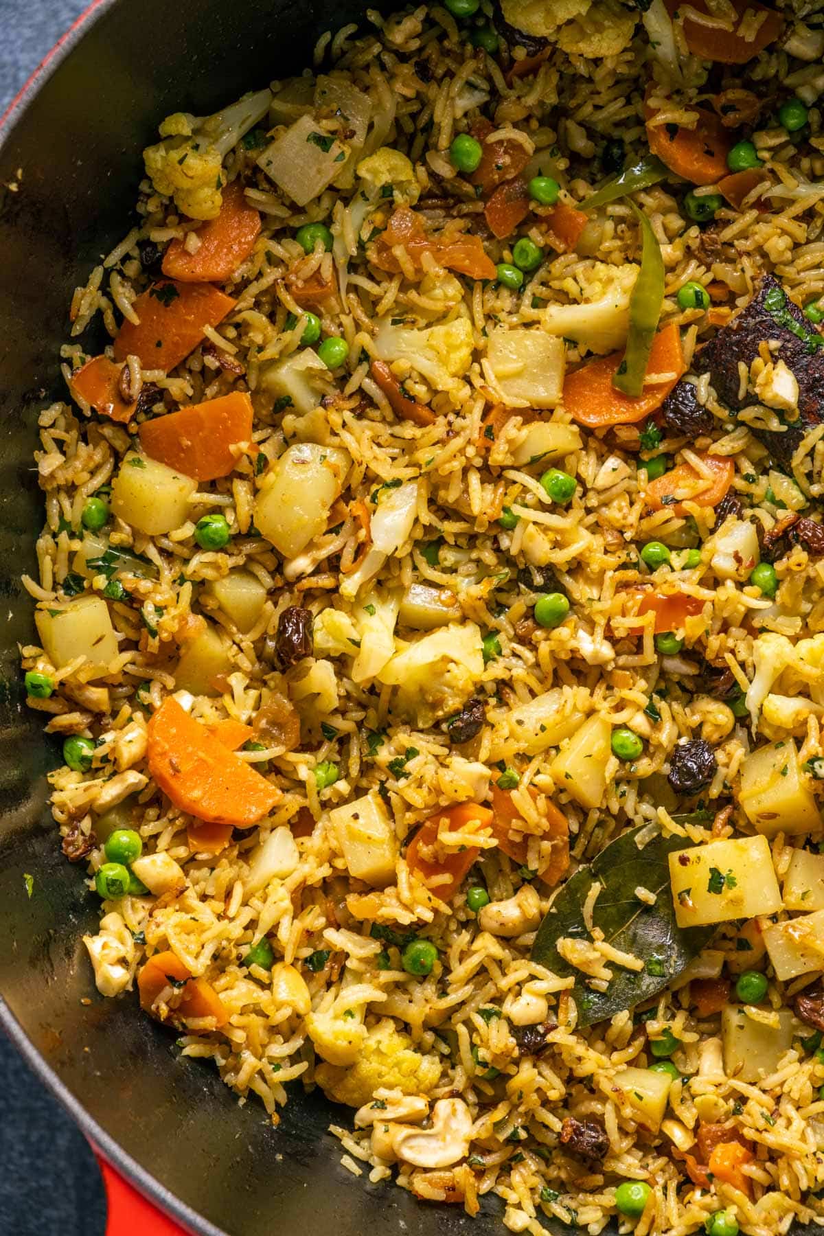 Vegan biryani in a skillet.