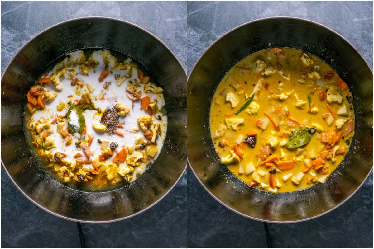 Vegetable stock, coconut milk, salt and pepper added to skillet and mixed in.