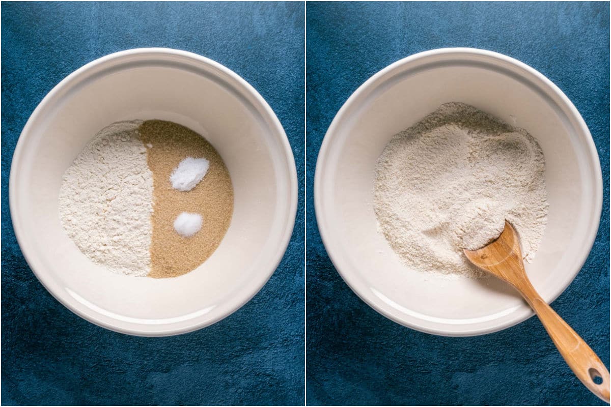 Dry ingredients added to a mixing bowl and mixed.