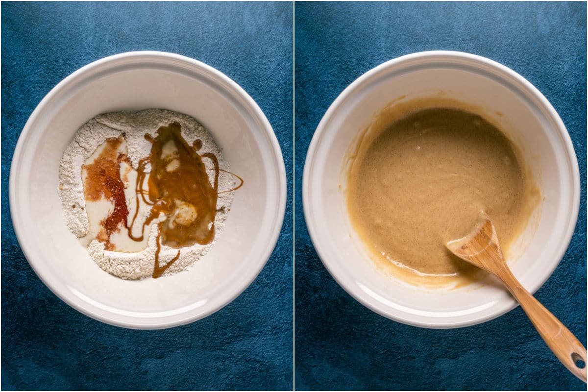 Wet ingredients added to mixing bowl and mixed into a cupcake batter.