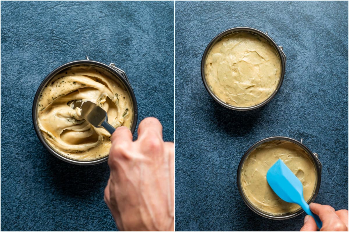 Two photo collage showing a knife swirling the vegan blue cheese with the spirulina and then smoothed down in the spring form pans.