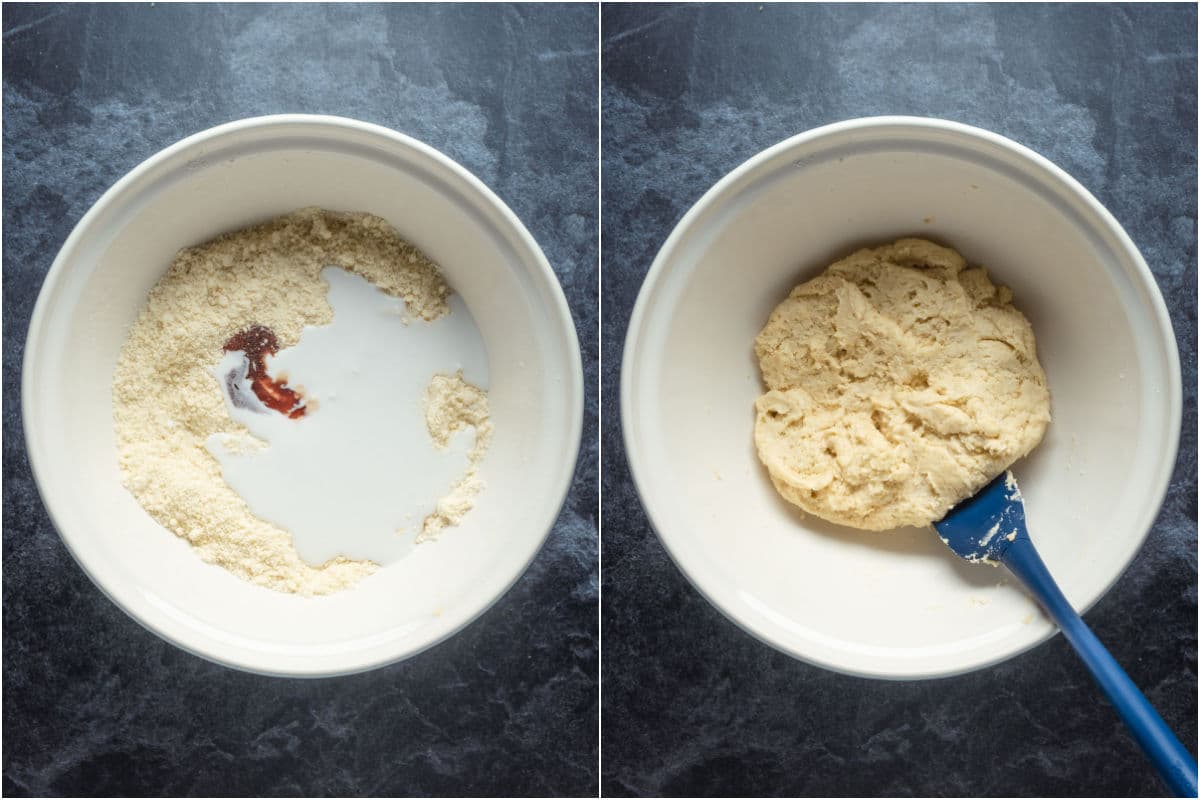 Coconut cream and vanilla added to mixing bowl and mixed into a dough.