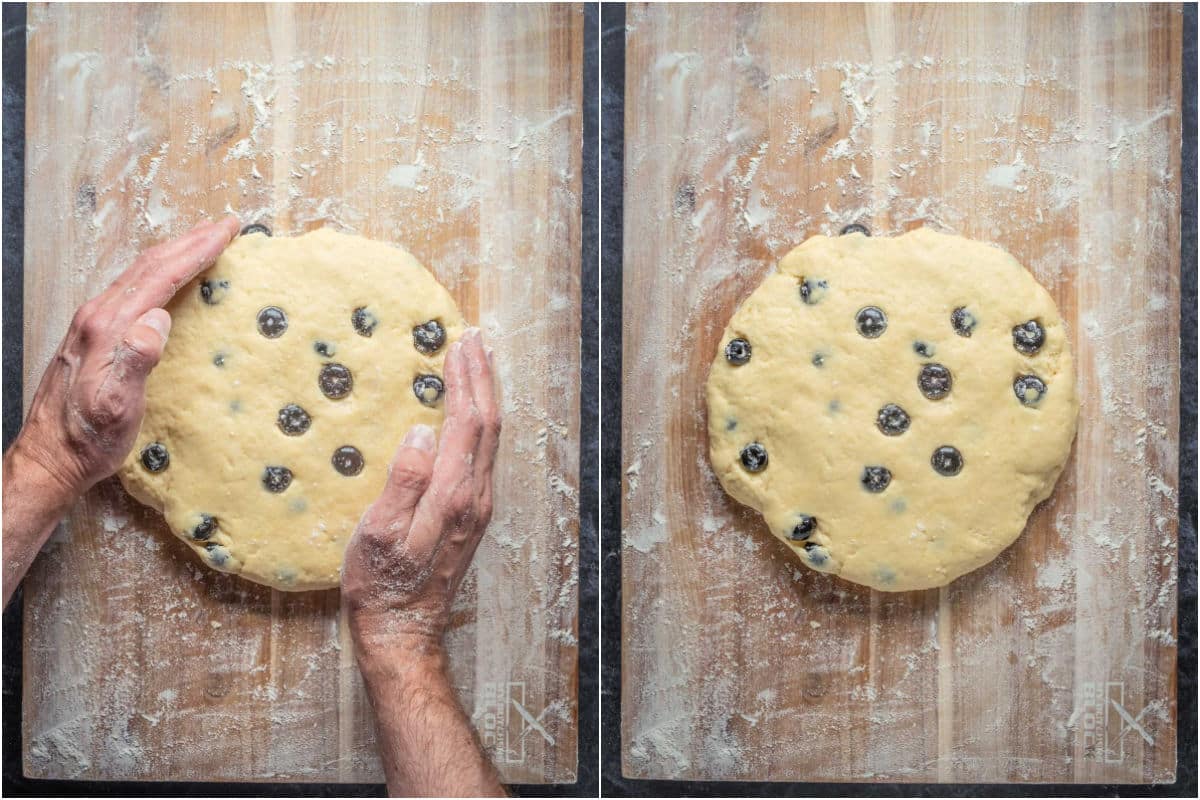 Dough placed onto flour dusted surface and formed into a disc shape.