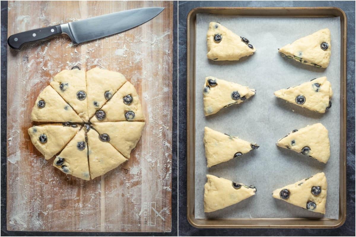 Dough cut into wedges and placed onto a parchment lined baking sheet.