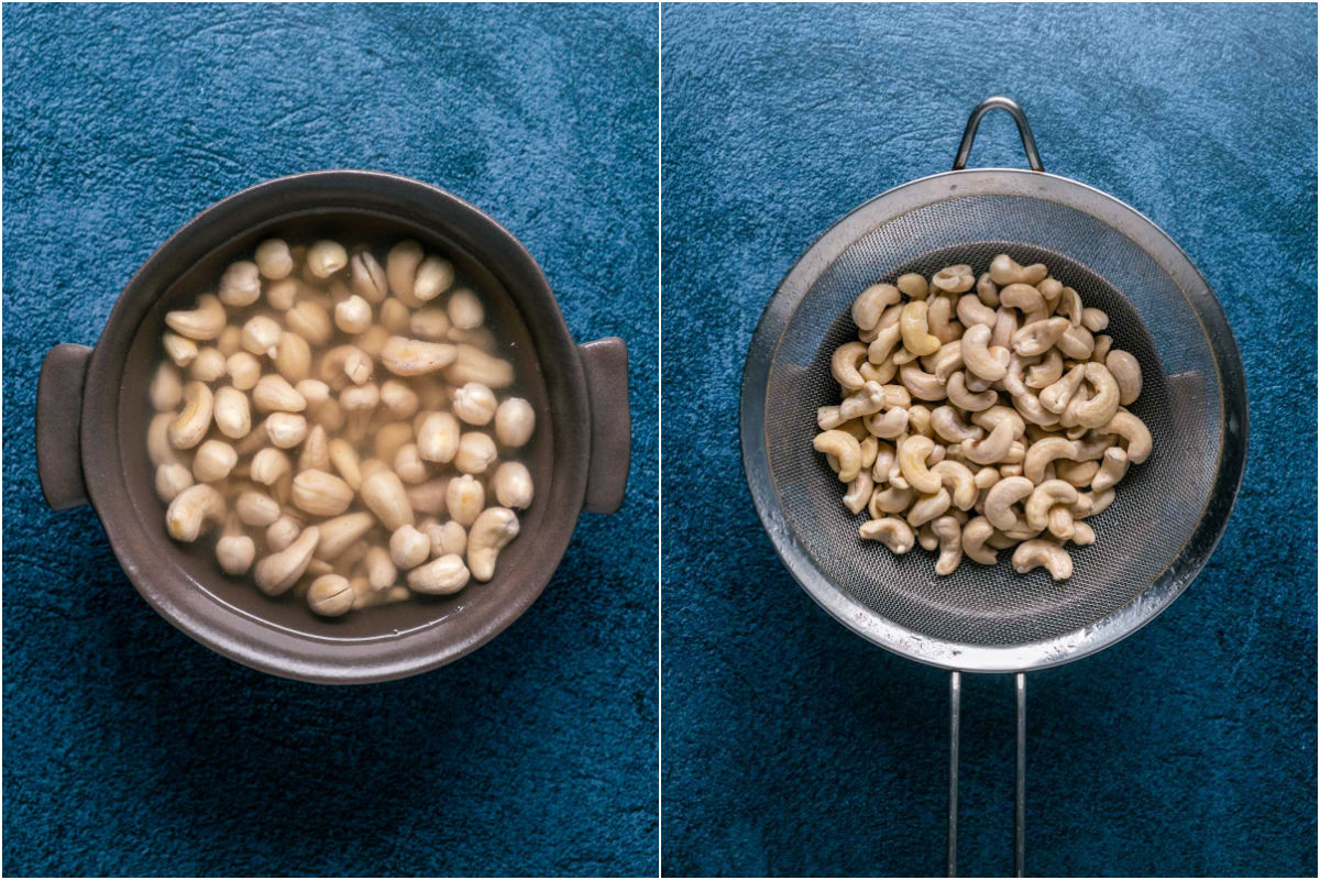 Two photo collage showing the soaked cashews and then drained in a sieve.