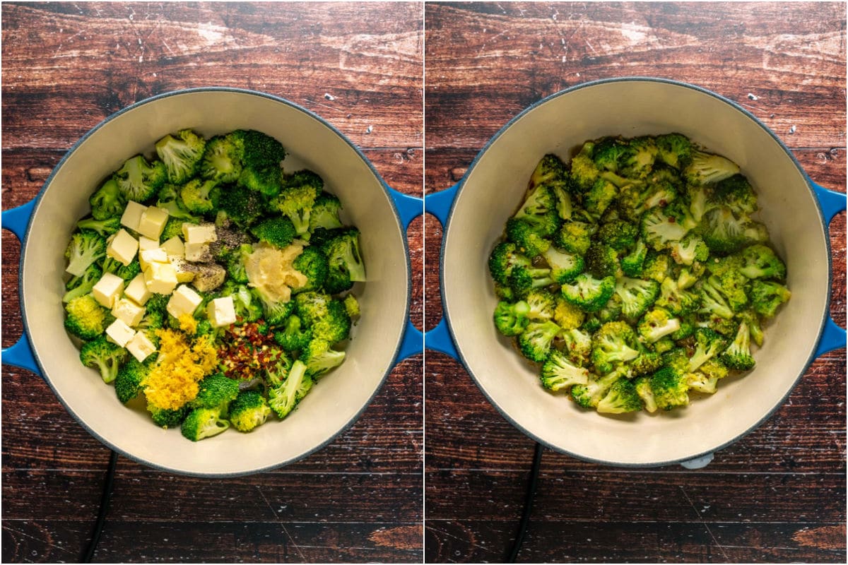 Vegan butter, crushed garlic, red pepper flakes, lemon zest, lemon juice and ground black pepper added to pot and sautéed.