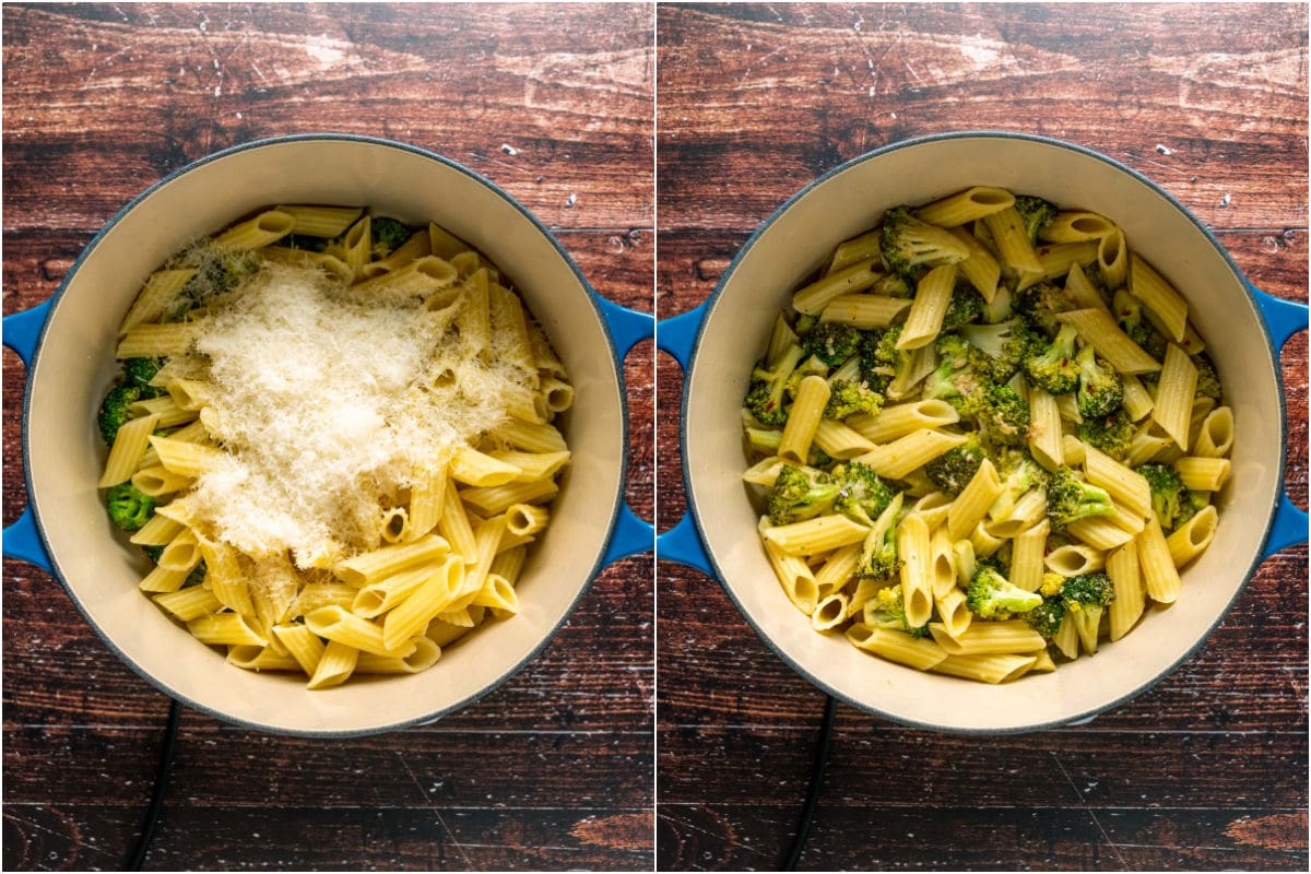 Cooked pasta and vegan parmesan cheese added to pot and tossed.