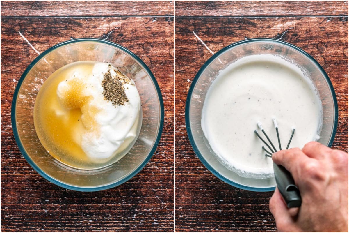 Dressing ingredients added to bowl and whisked together.