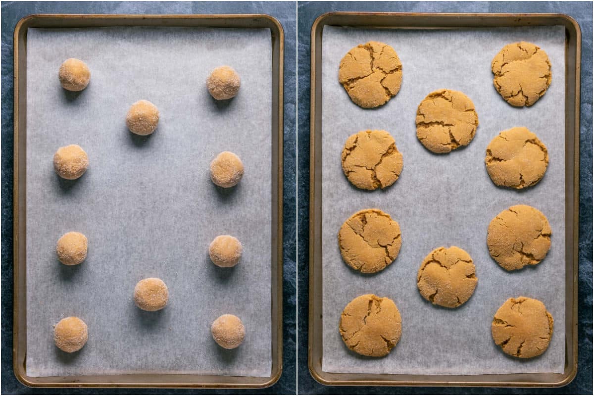 Cookie dough balls on a baking sheet before and after baking.