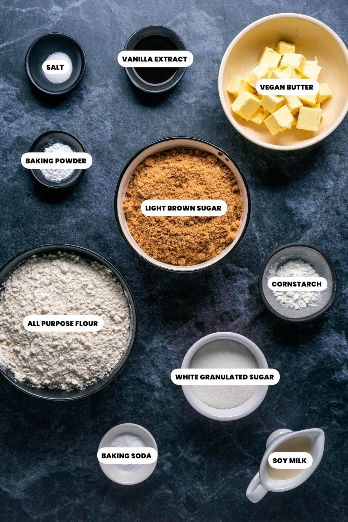 Labeled ingredients for brown sugar cookies.