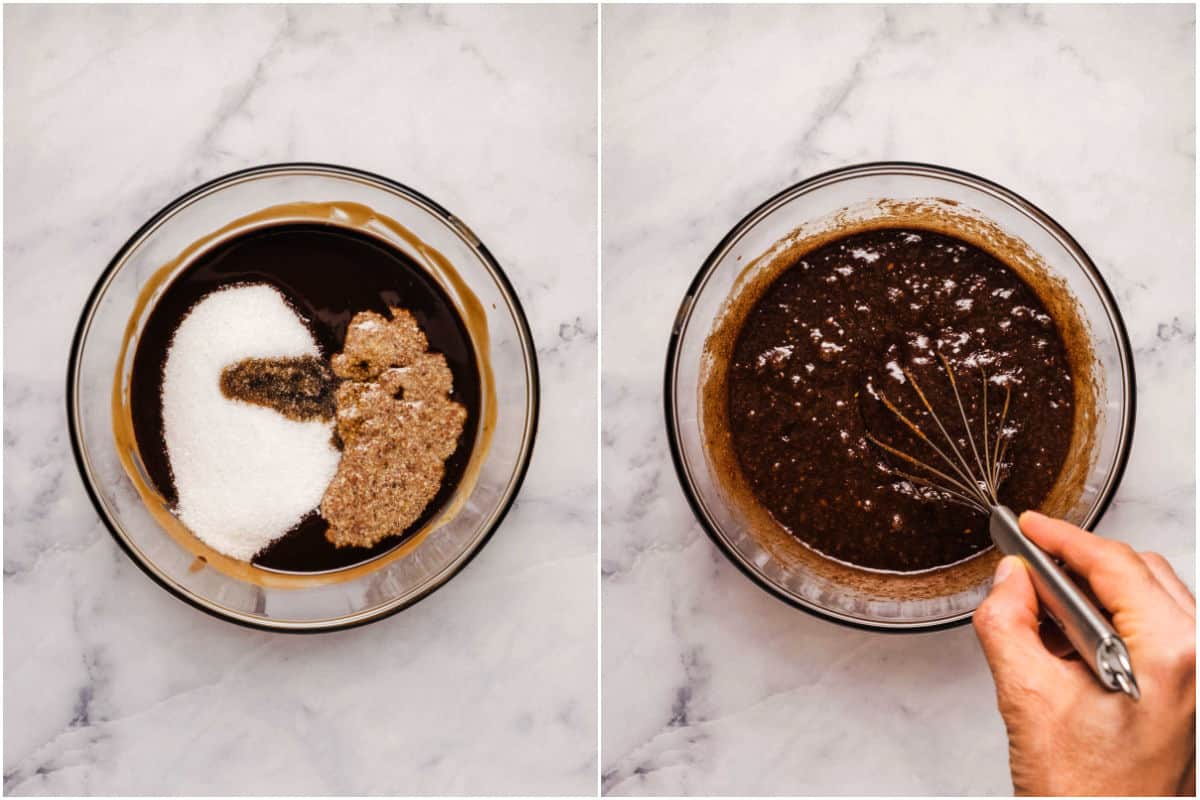 Two photo collage showing sugar, flax egg and vanilla added to melted ingredients and mixed in.