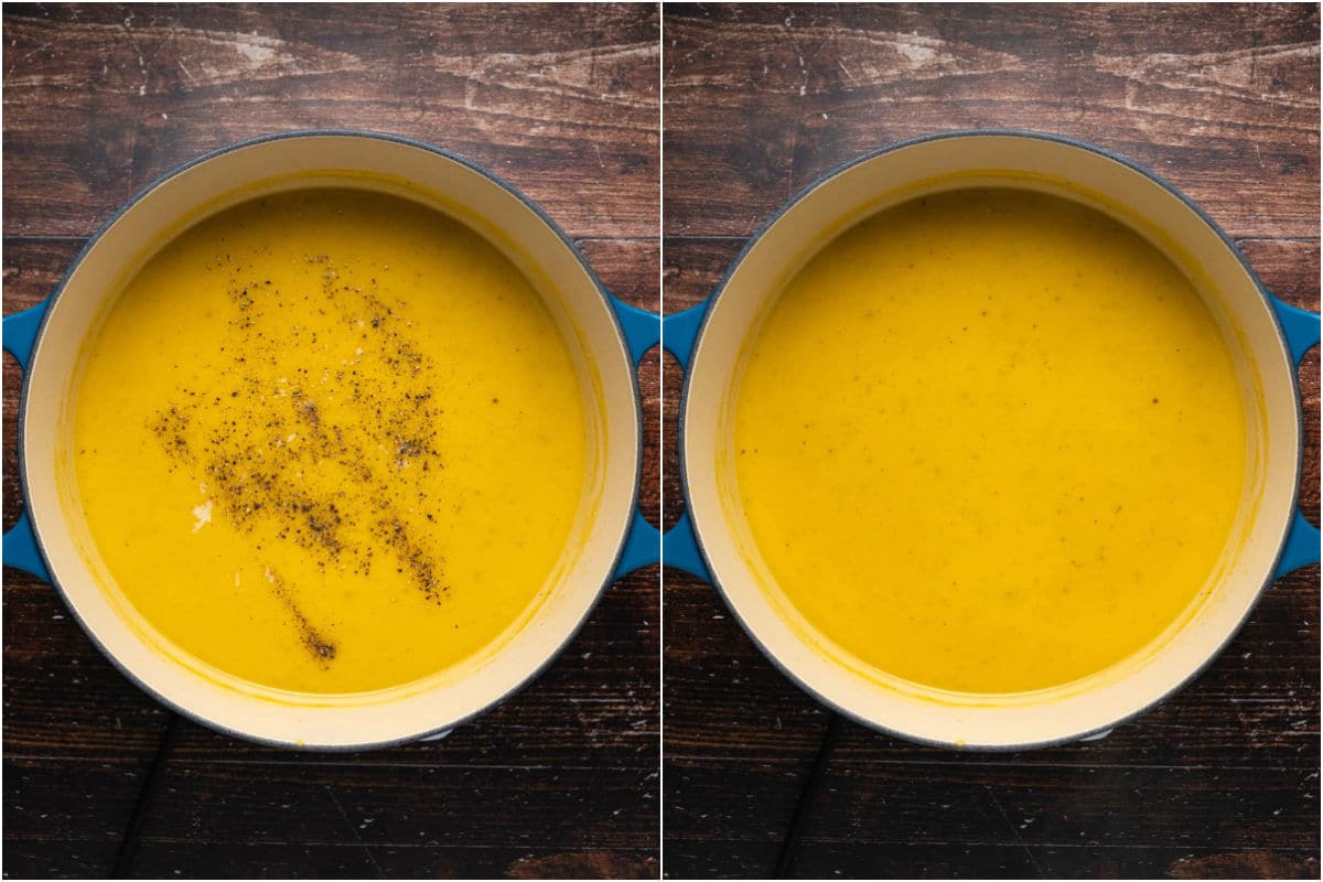 Two photo collage showing salt and black pepper added to soup and stirred in.