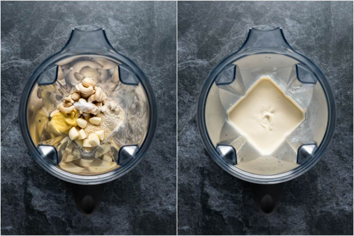 Two photo collage showing ingredients added to blender jug and blended.