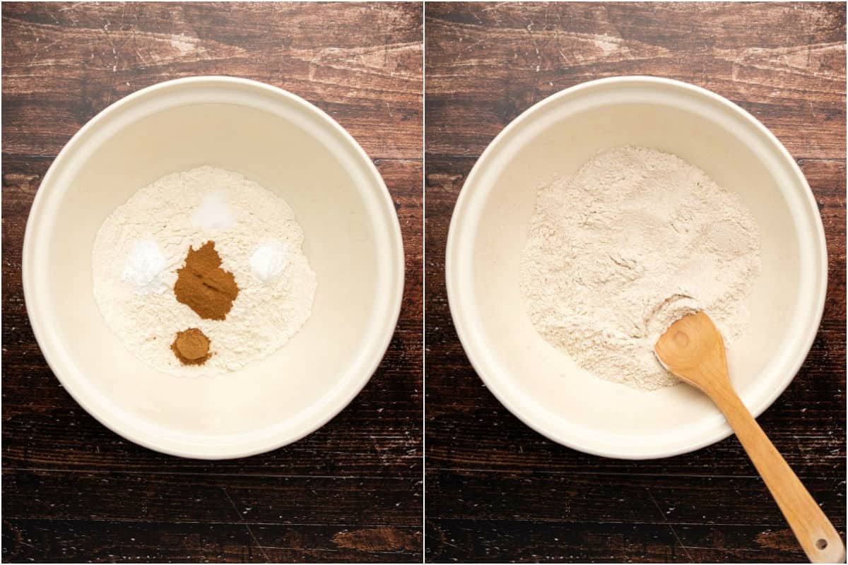 Two photo collage showing dry ingredients added to mixing bowl and mixed together.