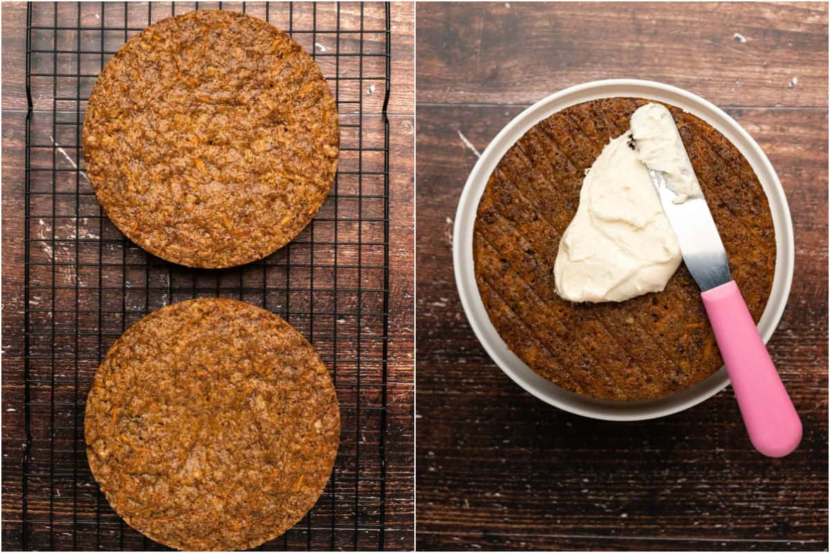 Two photo collage showing cakes cooling on a wire cooling rack and then being frosted on a white cake stand.