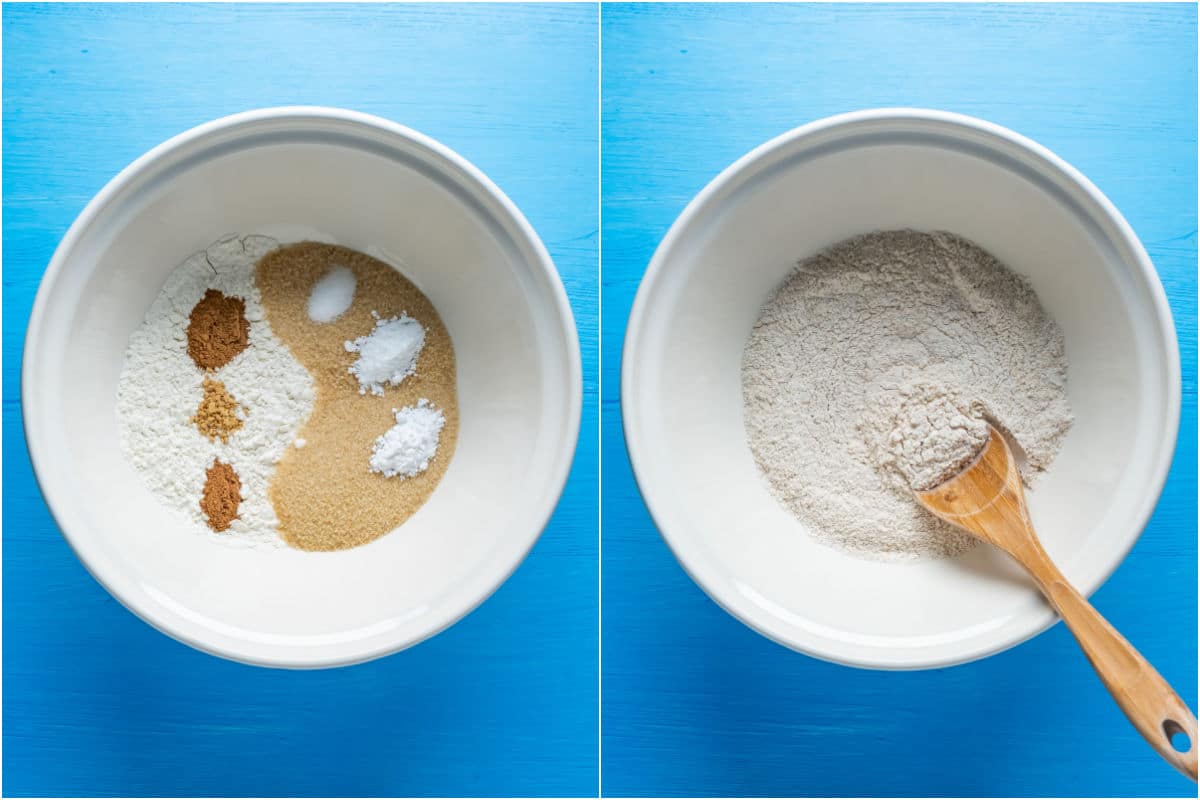 Two photo collage showing dry ingredients added to mixing bowl and mixed.