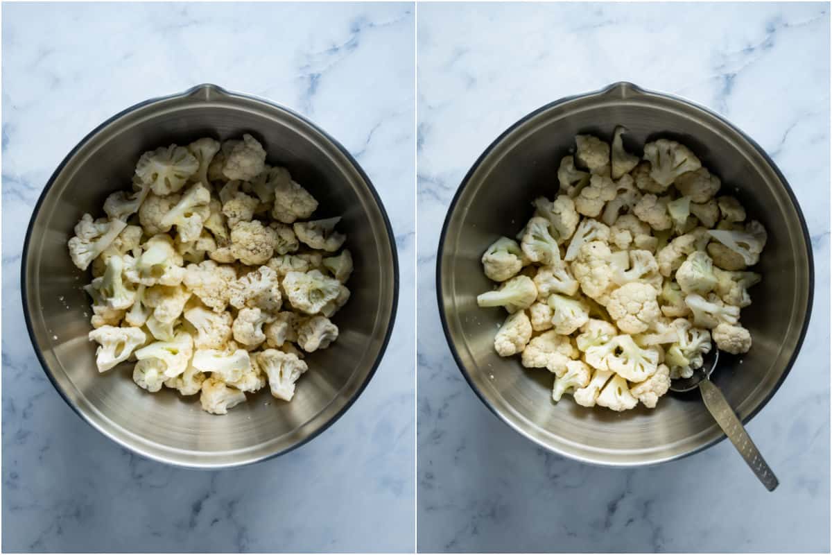 Two photo collage showing cauliflower florets, olive oil and salt and pepper added to mixing bowl and tossed together.