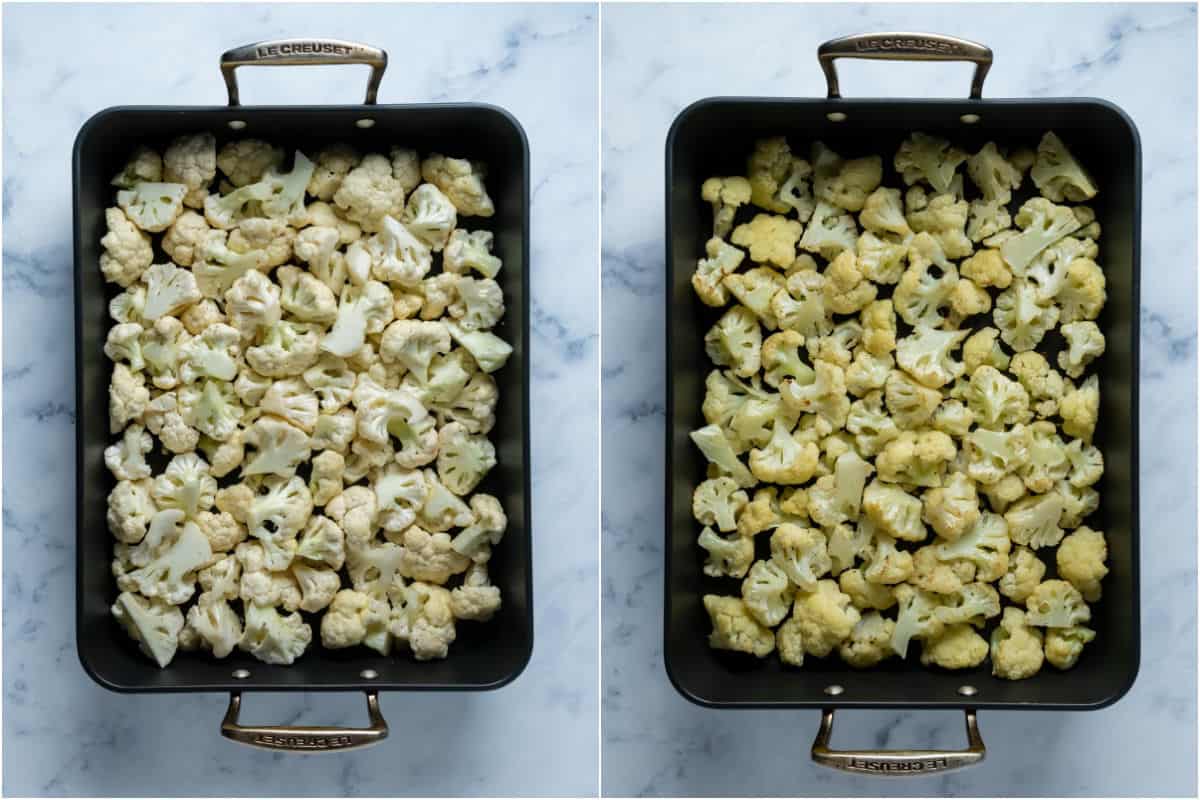 Two photo collage showing cauliflower florets added to roasting pan and roasted.