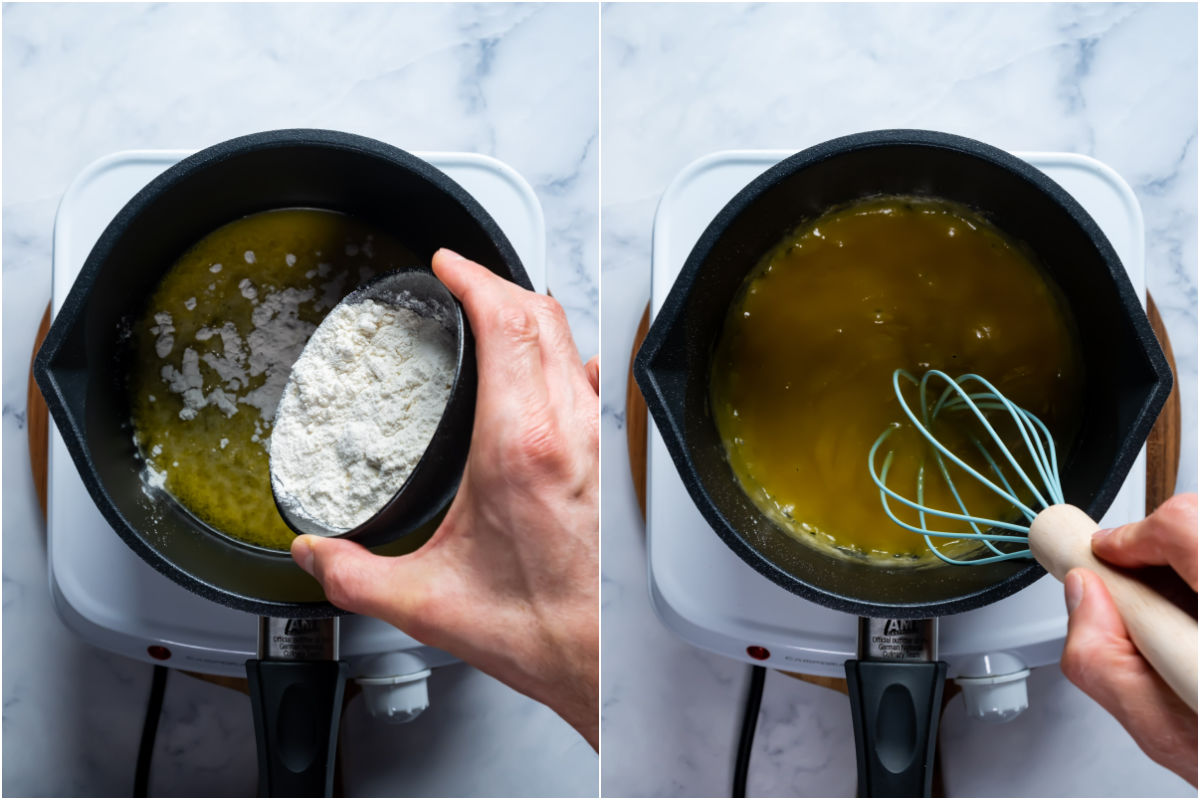 Two photo collage showing flour added to melted vegan butter in a saucepan and whisked together.