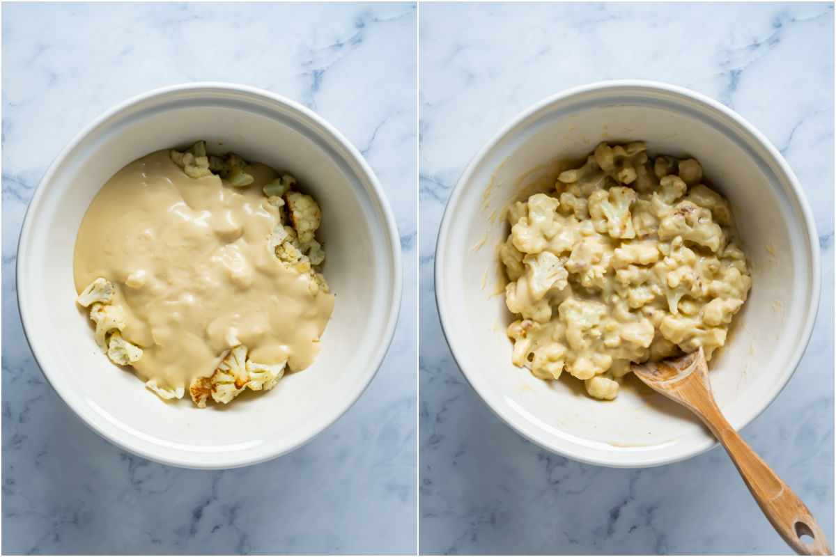 Two photo collage showing roasted cauliflower and sauce added to mixing bowl and tossed together.