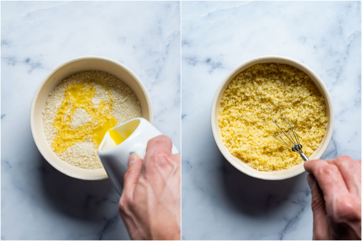 Two photo collage showing breadcrumbs added to bowl and tossed with melted vegan butter.