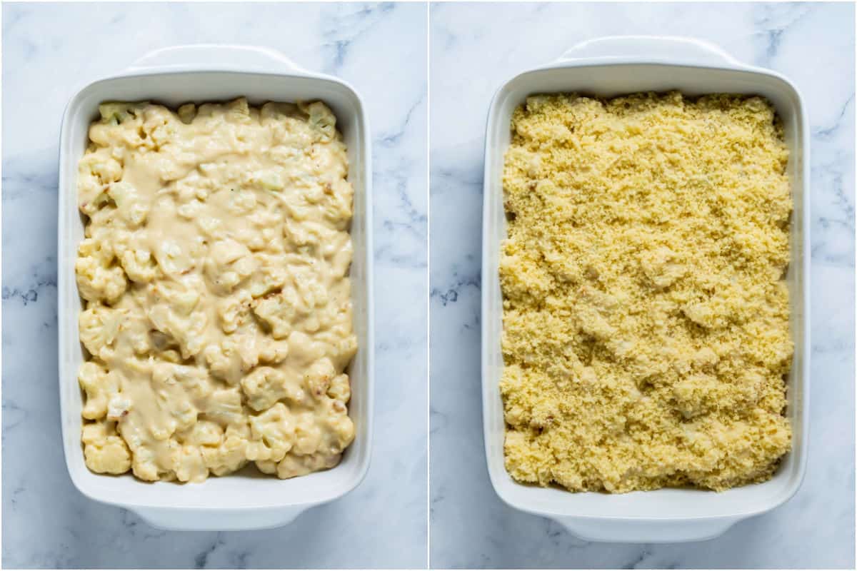 Two photo collage showing cauliflower and sauce added to white baking dish and then topped with breadcrumbs.