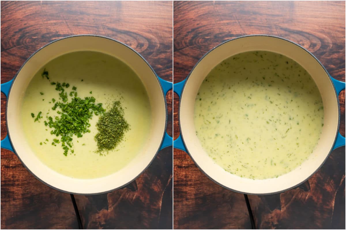 Two photo collage showing chopped parsley and dill added to pot and mixed in.