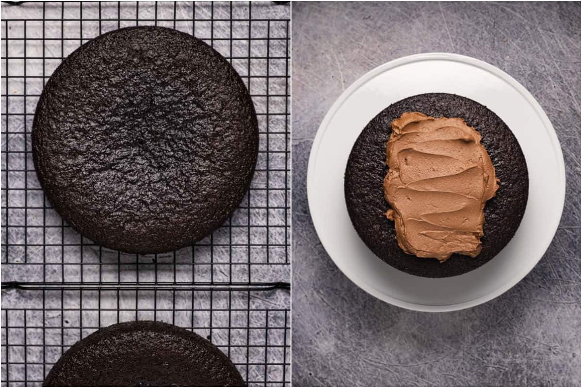 Two photo collage showing cakes cooling on a wire cooling rack and then frosting added to the top of the cake.