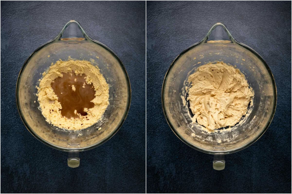 Two photo collage showing soy milk and vanilla added to stand mixer and mixed in.