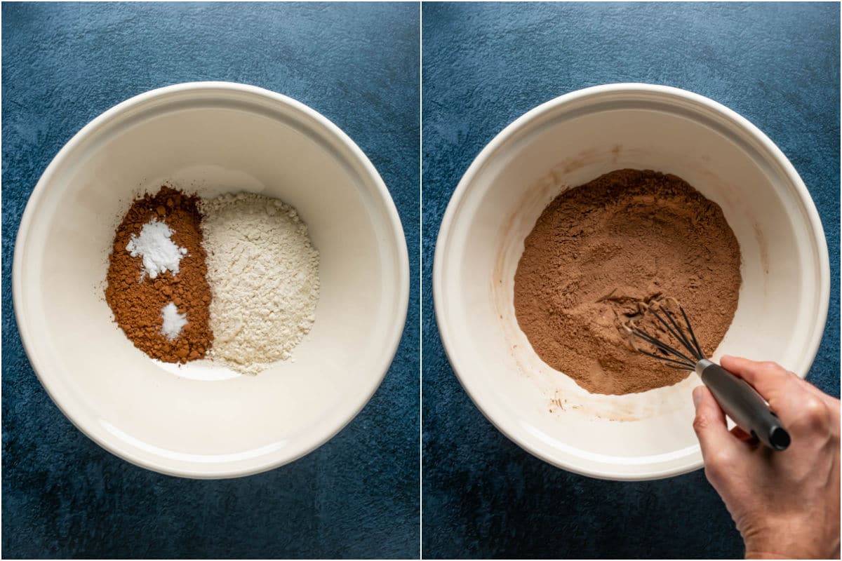 Collage of two photos showing dry ingredients added to mixing bowl and mixed together.