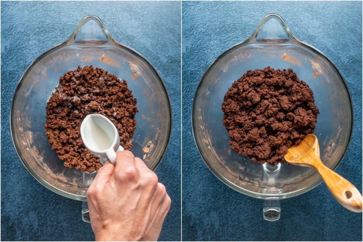 Two photo collage showing soy milk added to cookie dough and mixed in.