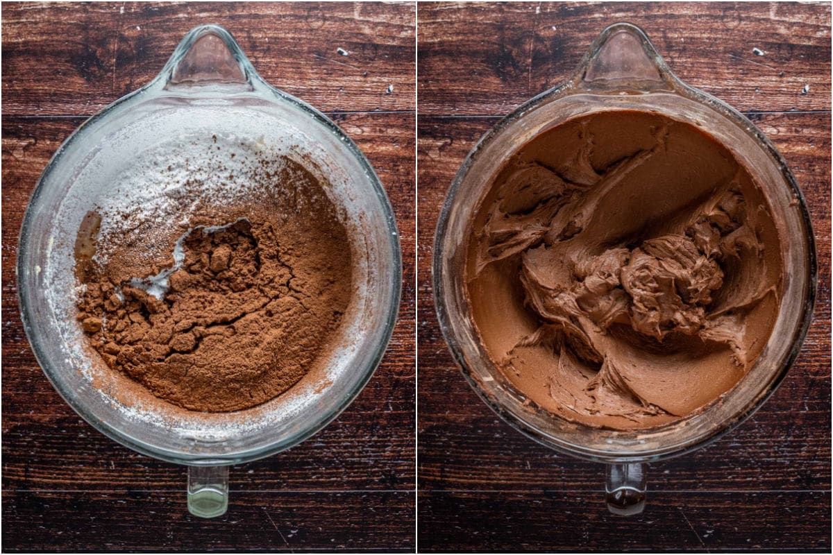 Powdered sugar, cocoa powder and soy milk added to stand mixer and whisked into frosting.