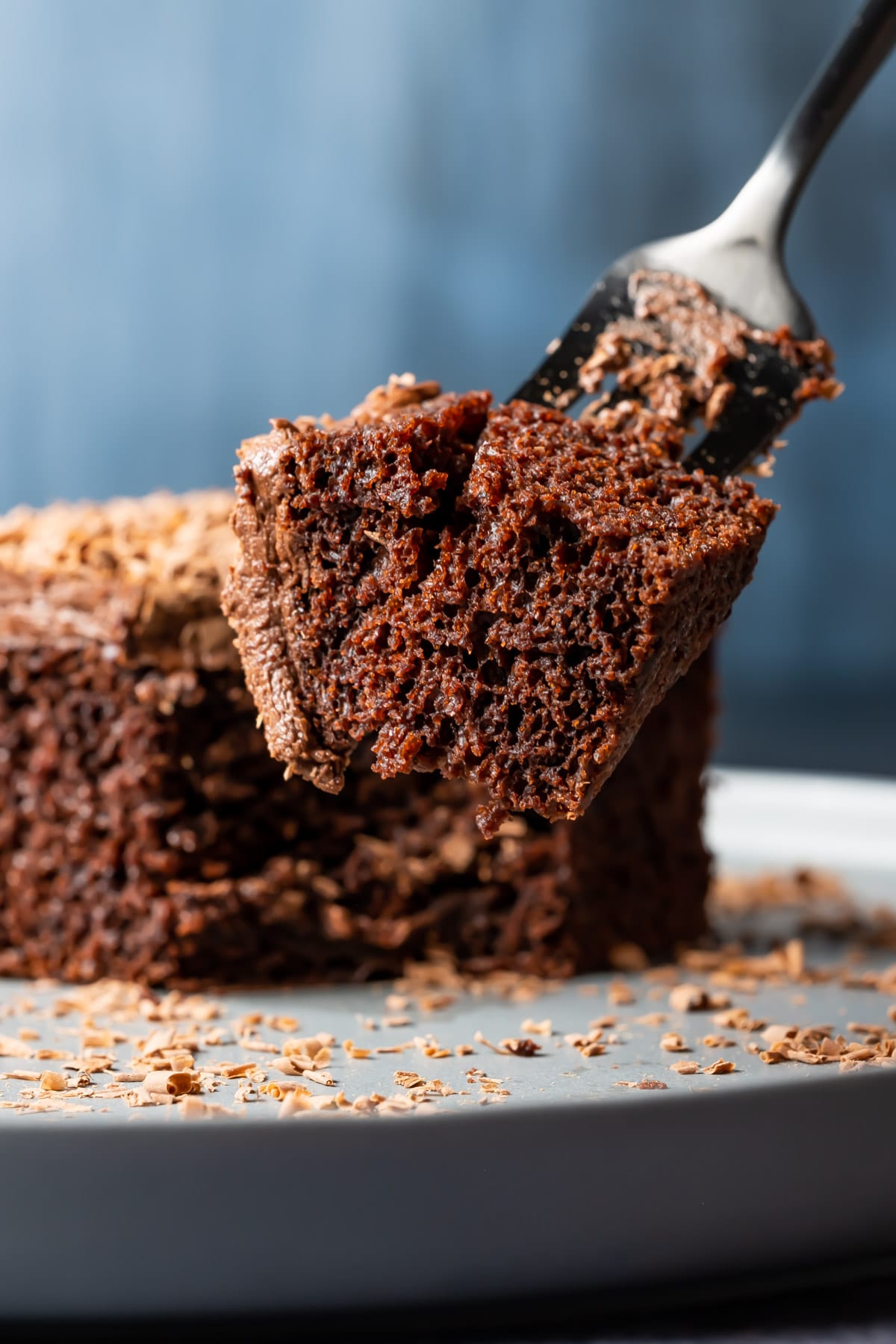 Forkful of vegan chocolate sheet cake.